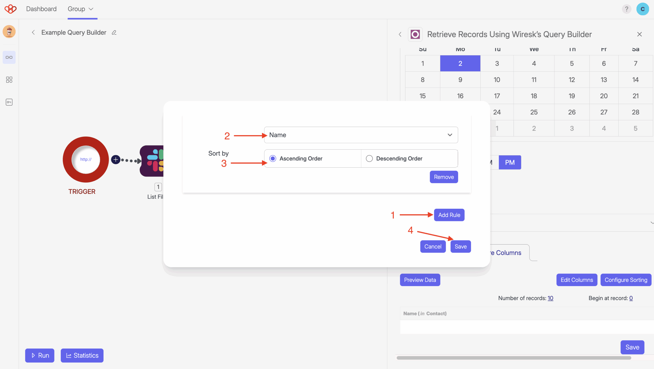 Screenshot of Wiresk Query builder, configure sorting screen. Red arrows show how to set up a sorting rule. Sorting by ascending or descending order.