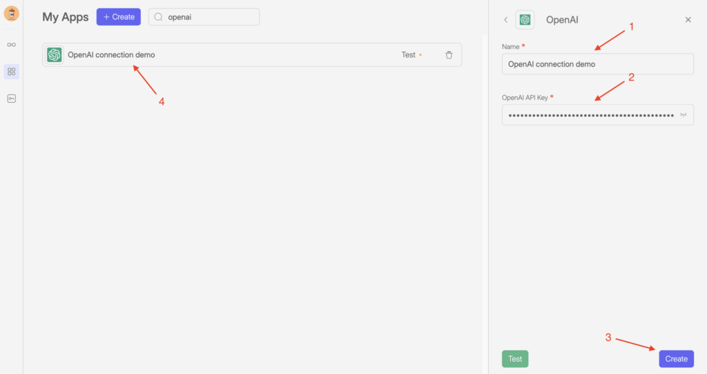 Wiresk dashboard showing the “My Apps” page with an OpenAI connection. On the right panel, the OpenAI setup form is open with fields for Name (“OpenAI connection demo”) and OpenAI API Key (hidden). At the bottom are “Test” and “Create” buttons. Red arrows highlight the Name field (1), API Key field (2), Create button (3), and the listed OpenAI connection in the left panel (4).