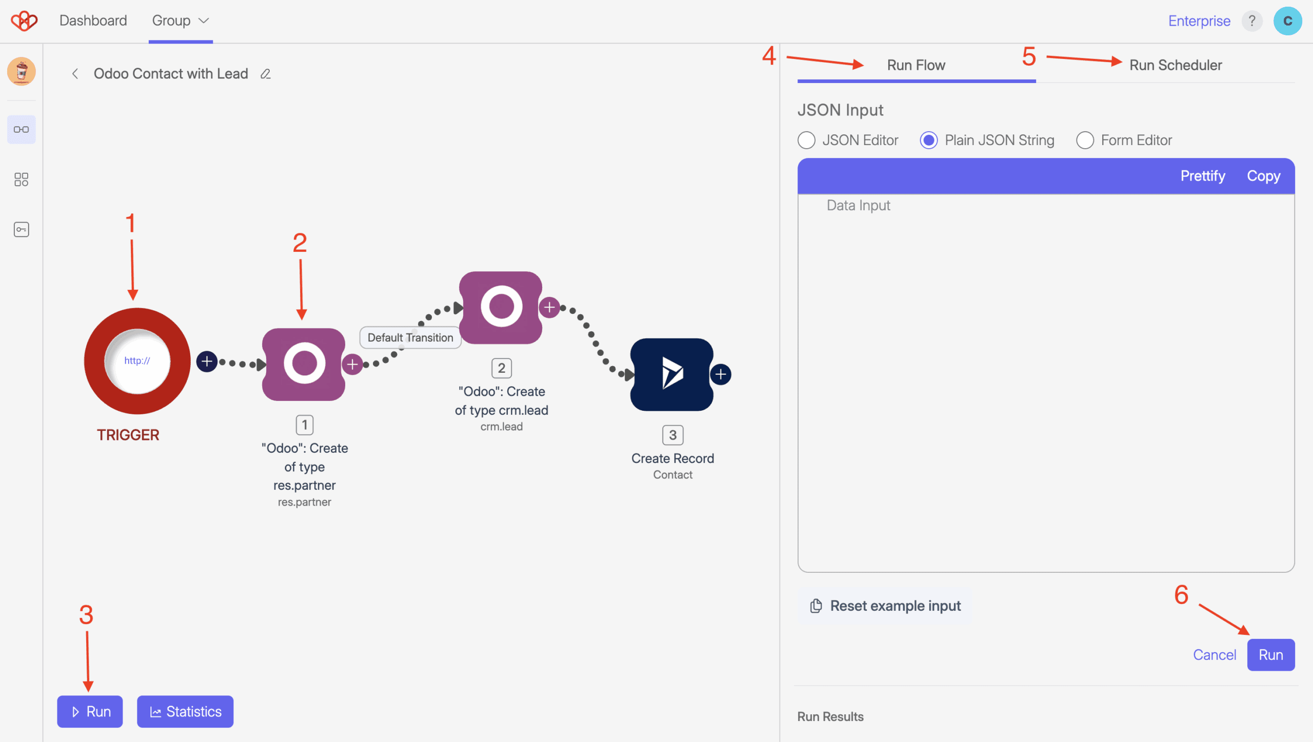 Screen of Wiresk Flow Builder. Red arrows are pointing to different explained elements.