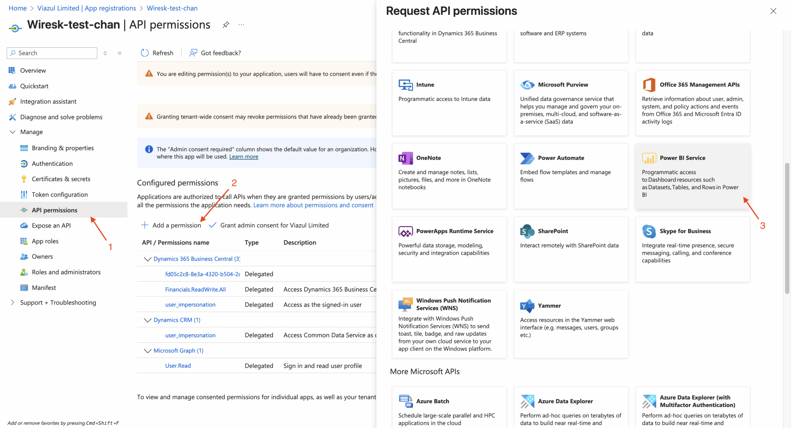 Microsoft Power BI - Connection 8 Screenshot of Request API permissions page for Power BI. Red arrows points to check the specific permission then add permissions button.