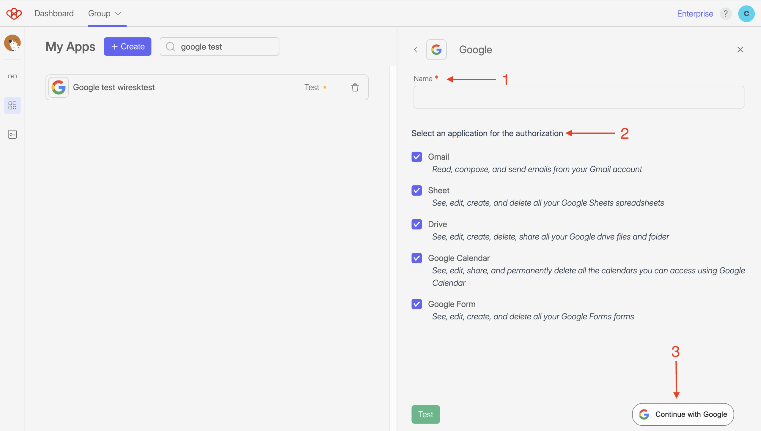 Screenshot of Google Connection Settings panel. Red arrows show the step process for the connection.
