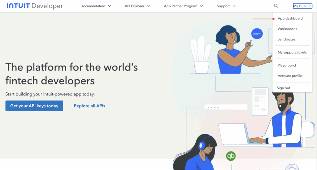 Screenshot of QuickBooks developer account. It Shows where to go to create a new custom app.