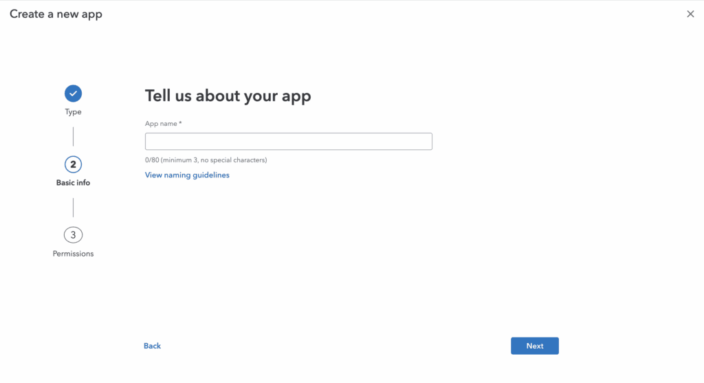 Screenshot of create a new app page. in "tell us about your app" section, user need to name the app.