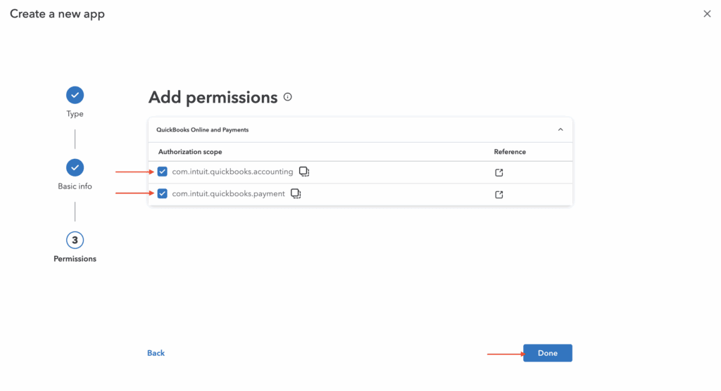Screenshot of create a new app page. in "Add permissions" section. Red arrows instruct to select the scopes checkbox for authorization then click on done.