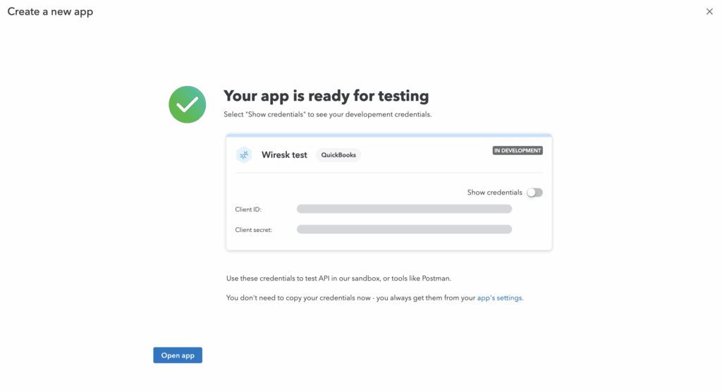 Screenshot of create a new app page. It Shows that the app is ready. Here you can copy the Client ID and The client secret.