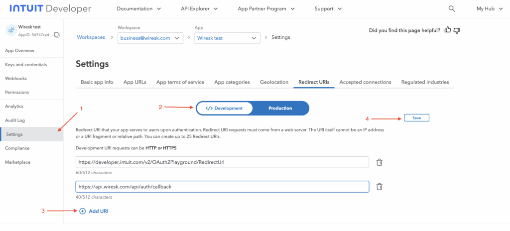 Screenshot of QuickBooks developer account. It Shows Numbered red arrows pointing to settings section and different area to add new redirect URIs.