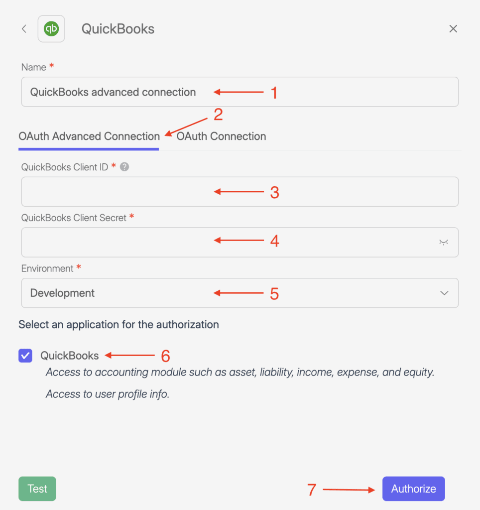 Screenshot of Wiresk QuickBooks connection setting panel. It shows red numbered arrows pointing to different fields for the connection settings.
