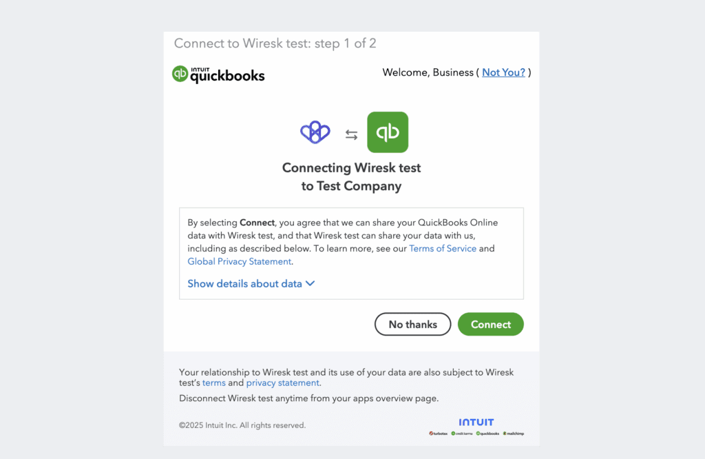 Screenshot of QuickBooks Connect page. User need to click on connect button to 