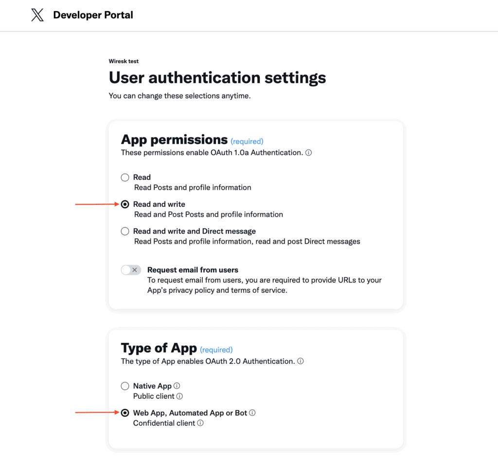 “User authentication settings” page in the X Developer Portal. “Read and write” permissions are selected along with “Web App, Automated App or Bot” as the app type.