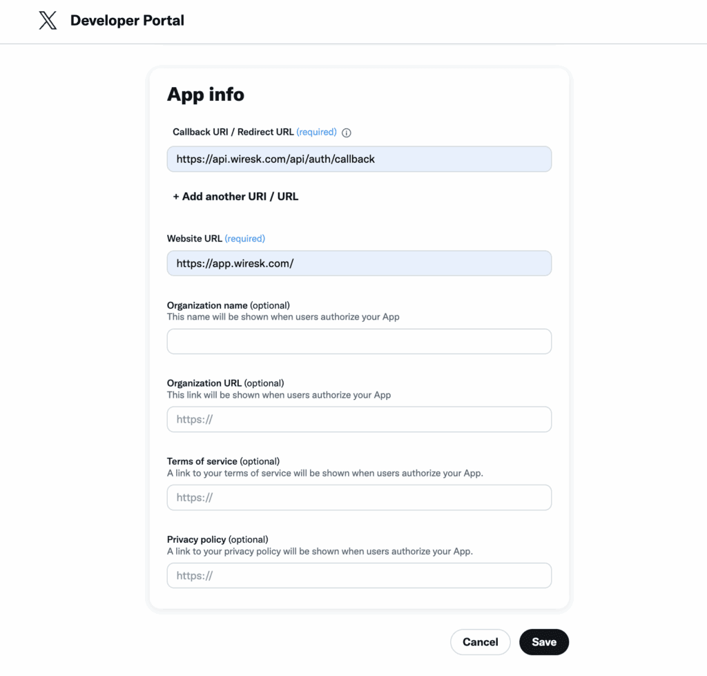 “App info” screen in the X Developer Portal showing required fields for Callback URL (set to a Wiresk API endpoint) and Website URL, plus optional fields for organization name, organization URL, terms of service, and privacy policy.