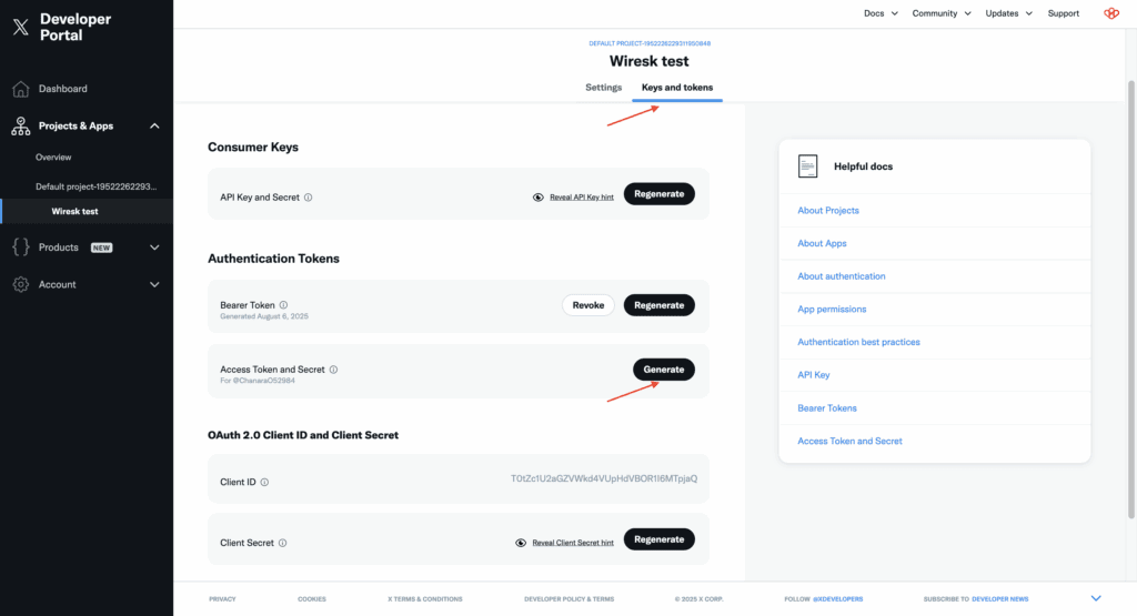 X Developer Portal “Keys and tokens” tab for “Wiresk test.” Shows sections for Consumer Keys, Authentication Tokens, and OAuth 2.0 credentials with “Generate” and “Regenerate” options.