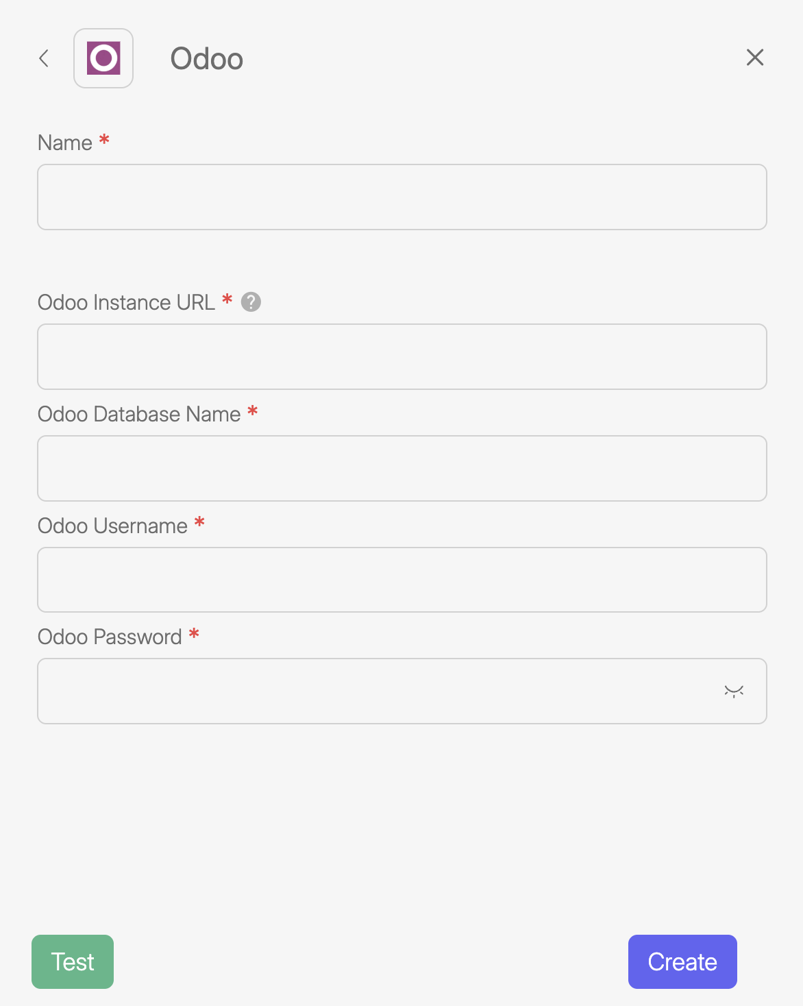 Odoo connection setup form in Wiresk. The form includes required fields for Name, Odoo Instance URL, Odoo Database Name, Odoo Username, and Odoo Password. At the bottom are two buttons: “Test” on the left and “Create” on the right.