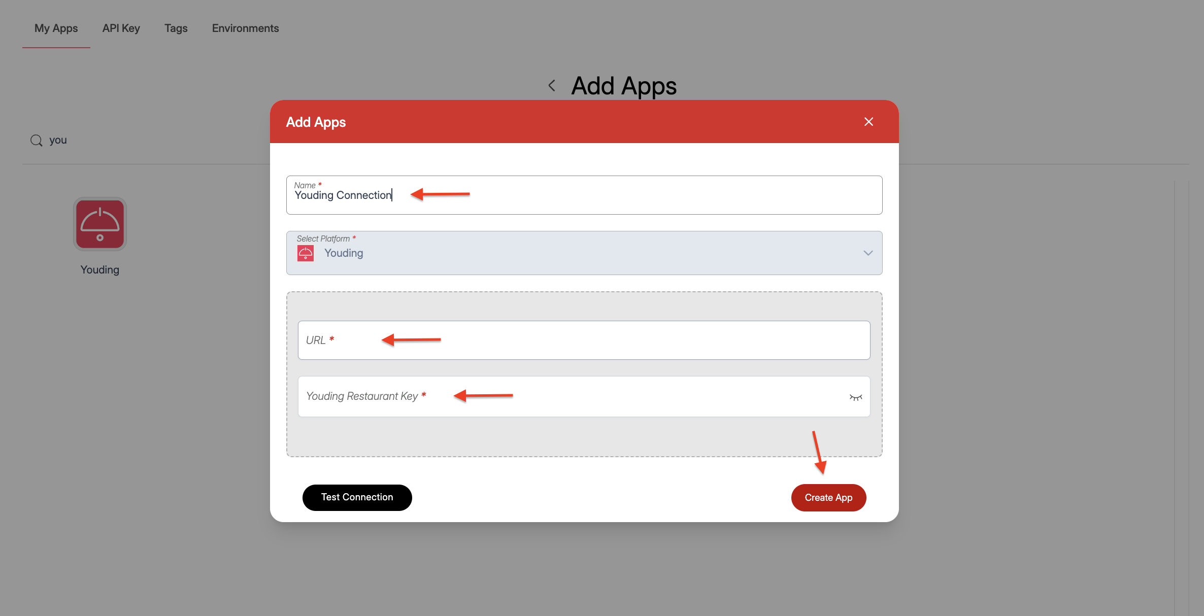 Screenshot of Wiresk Add Apps screen setting for Youding Connection. Red arrows shows field to populate and a button to Create the App.