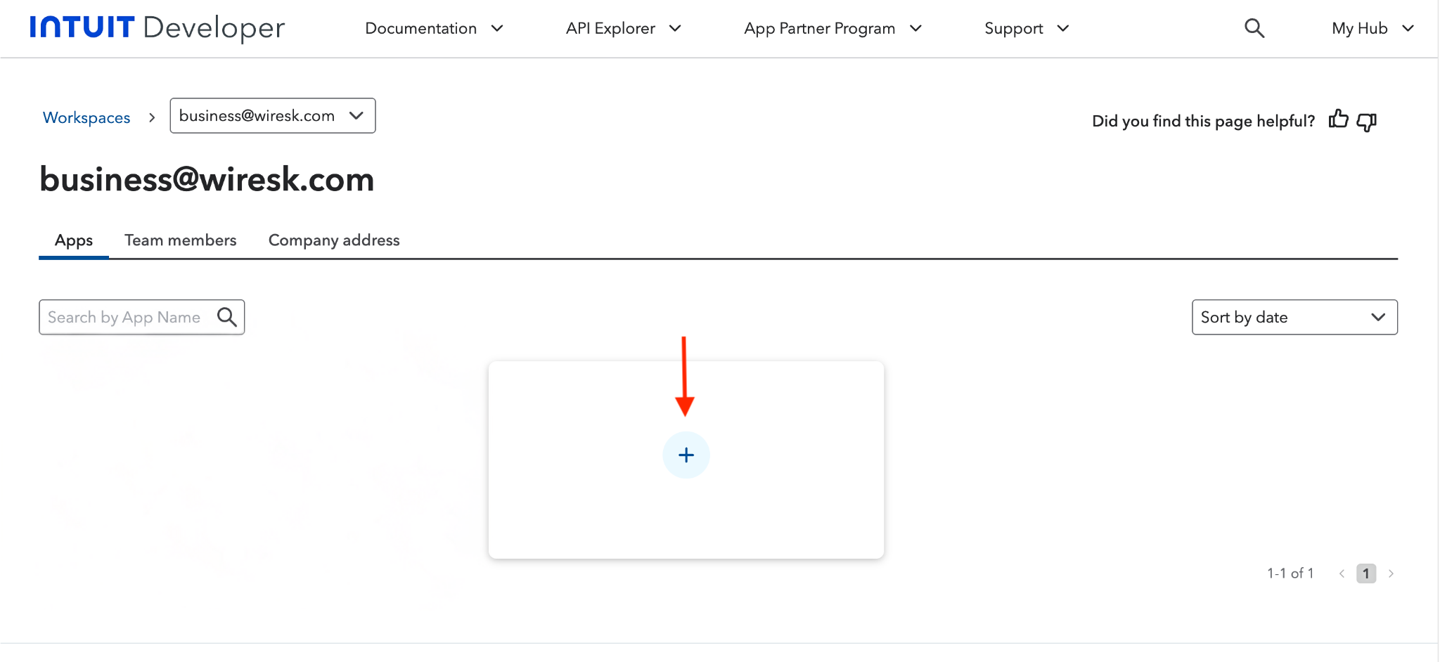 Screenshot of QuickBooks developer account. It Shows where to go to create a new custom app. Red arrow is pointing to the + button. this button is used to create a new app.