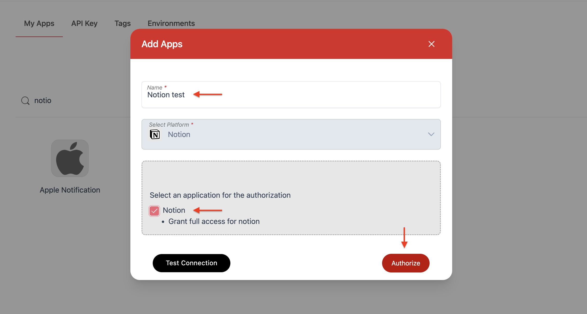 Screenshot of Wiresk "Add Apps" screen. Red arrows shows different fields for the Notion app connection setting. 