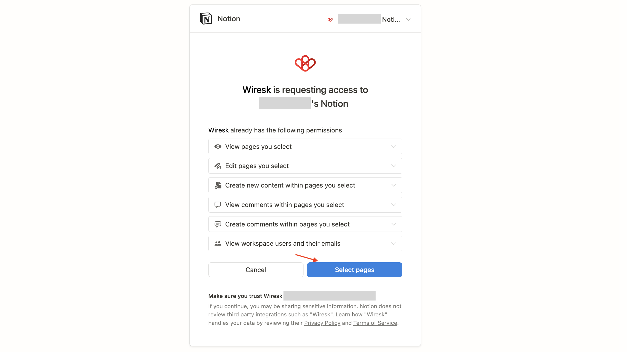 Screenshot of Notion permissions given to Wiresk, different permission needed by Wiresk are shown. Below, there is a button to Select pages.