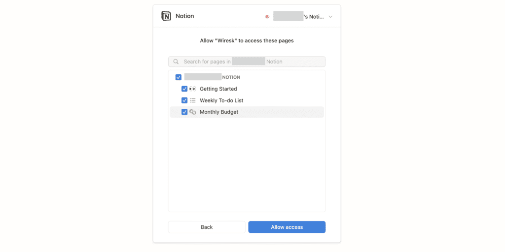 Screen of the Notion pages selection to integrate to Wiresk. Below there is a Back button and an Allow access button.