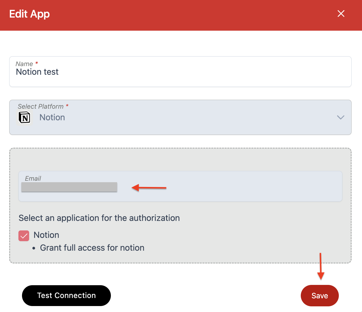 Screenshot of Wiresk edit app screen. This screen is a recap of Notion connection settings by showing the user email used in Notion.