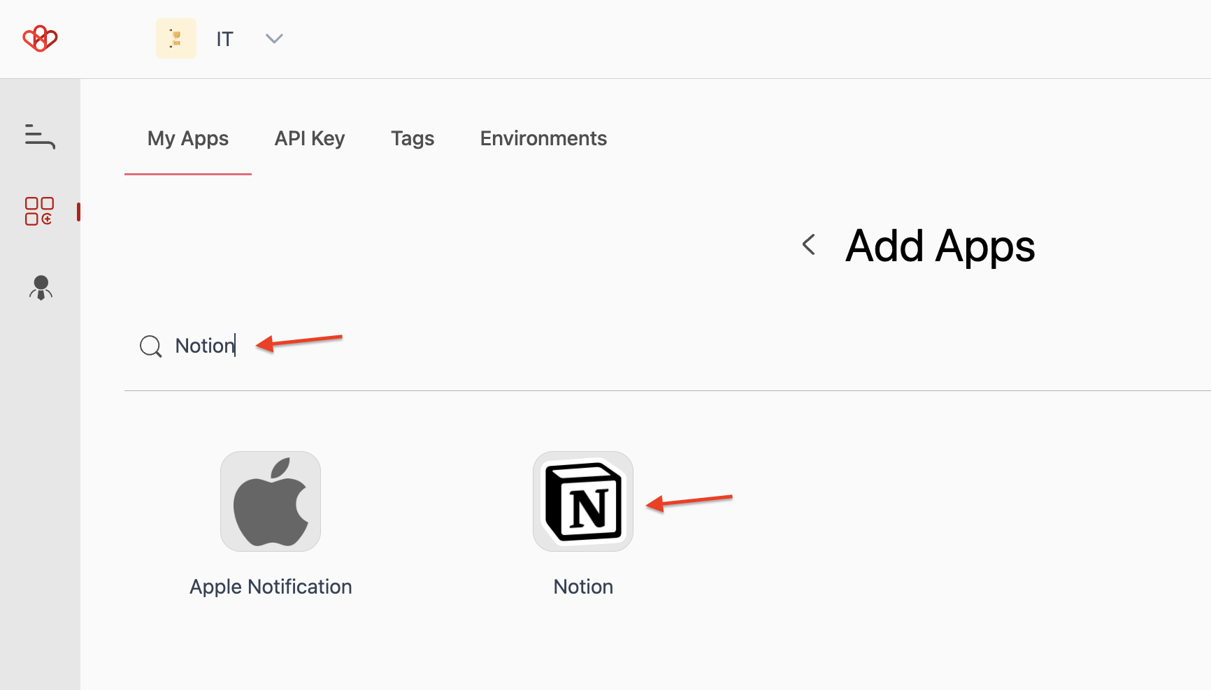 Screenshot of Wiresk "my Apps" tab. Red arrows shows that you can search for Notion in the search bar then select it in the result.