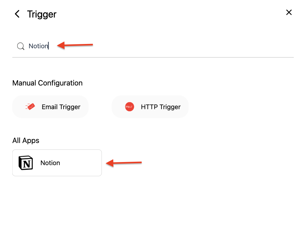 Screenshot of Trigger search screen. you can search Notion Triggers bia the search bar, then select it in the all apps list.
