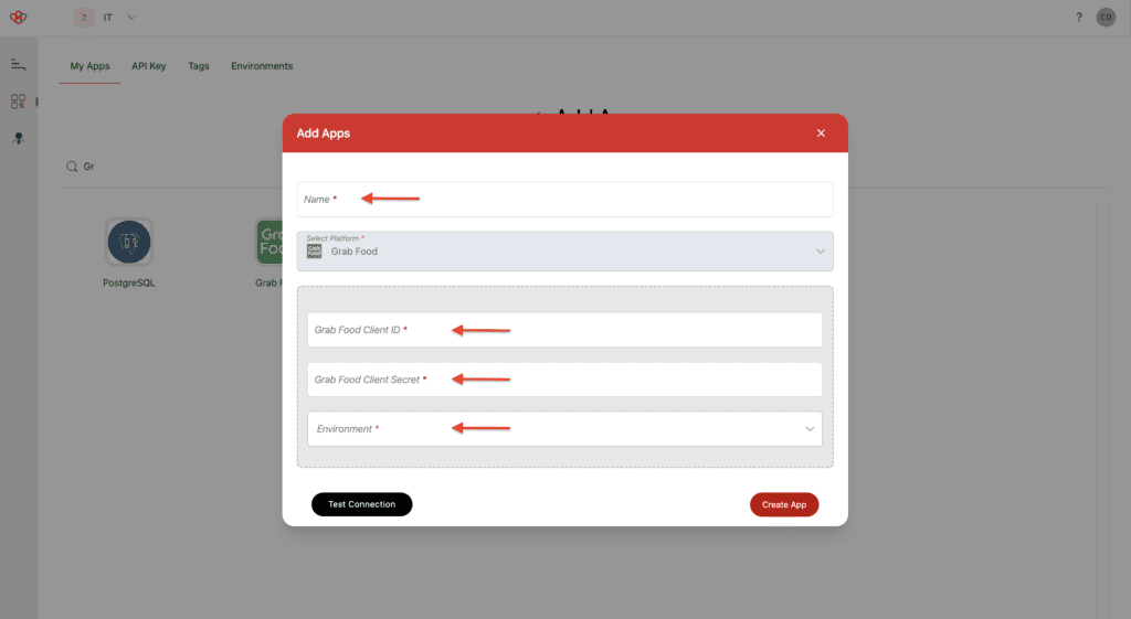 Screenshot of Wiresk "Add apps" screen. It shows the setting to add GrabFood app in Wiresk. Red arrows shows fields like GrabFood client Id, GrabFood client secret and environment.