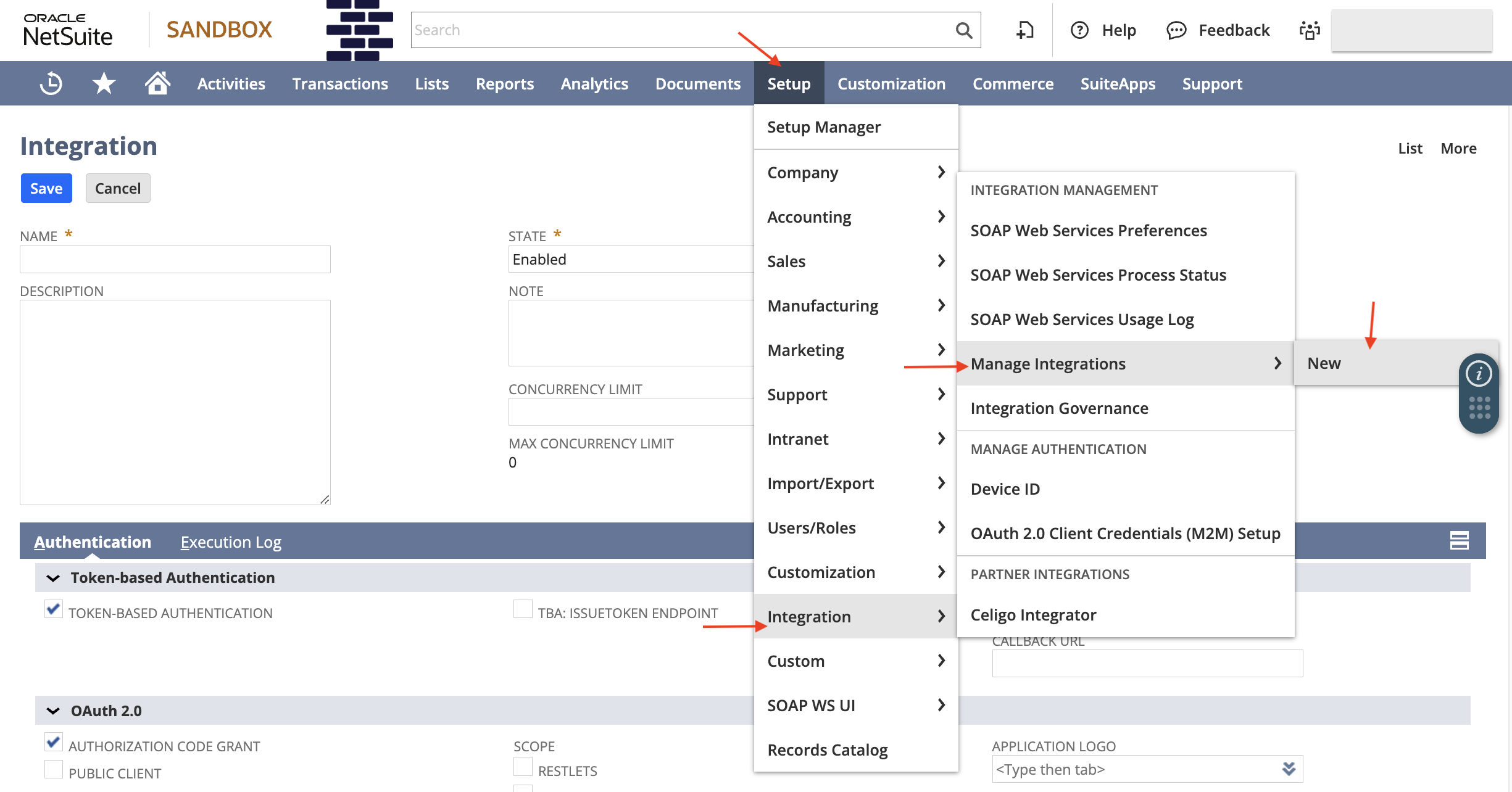 Screenshot of NetSuite website page. Red arrows show where to click to reach the integration page. Click on setup, integration, then manage integrations and new.