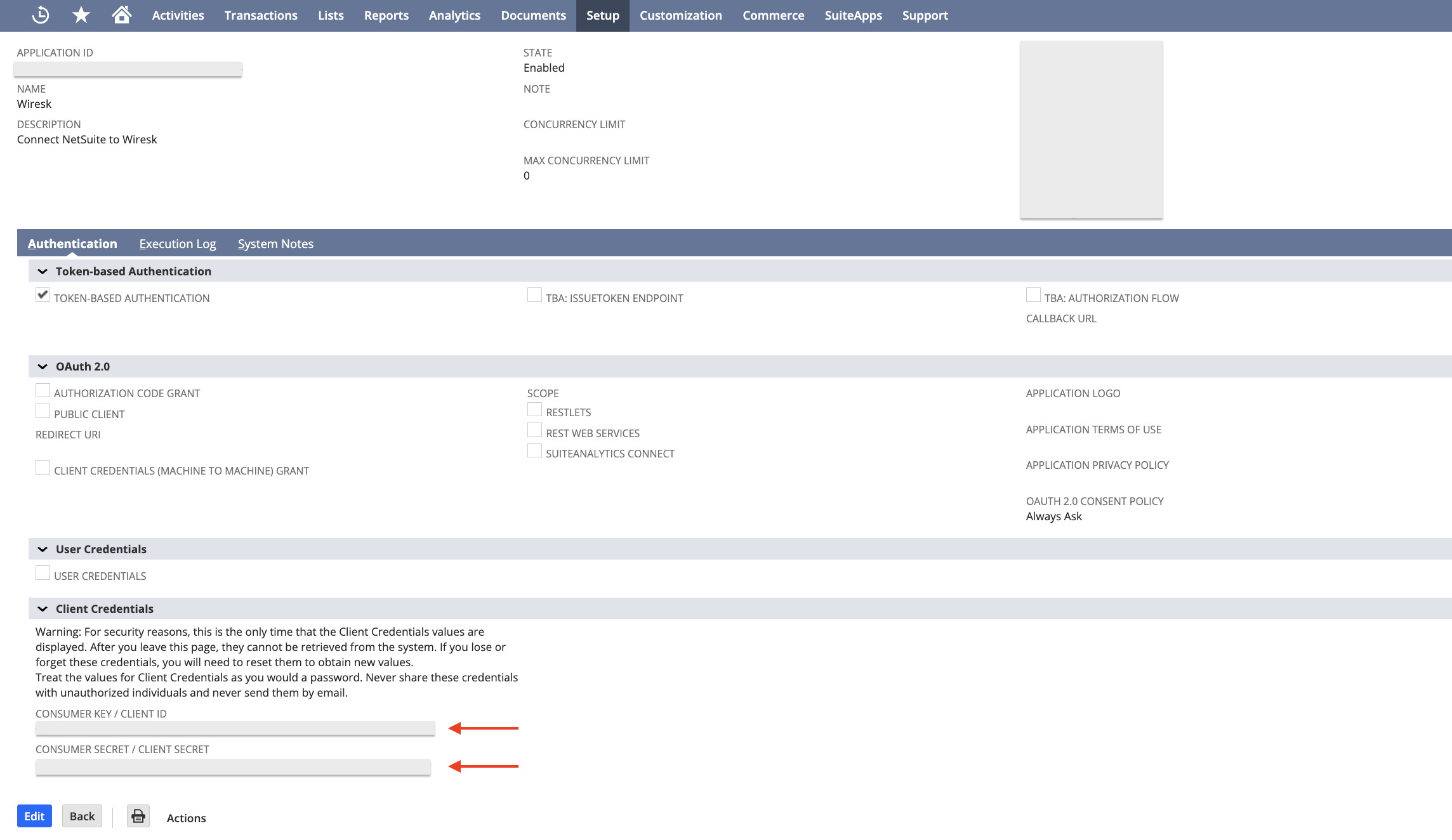 Screenshot of NetSuite page Showing the Consumer Key and the Consumer secret.