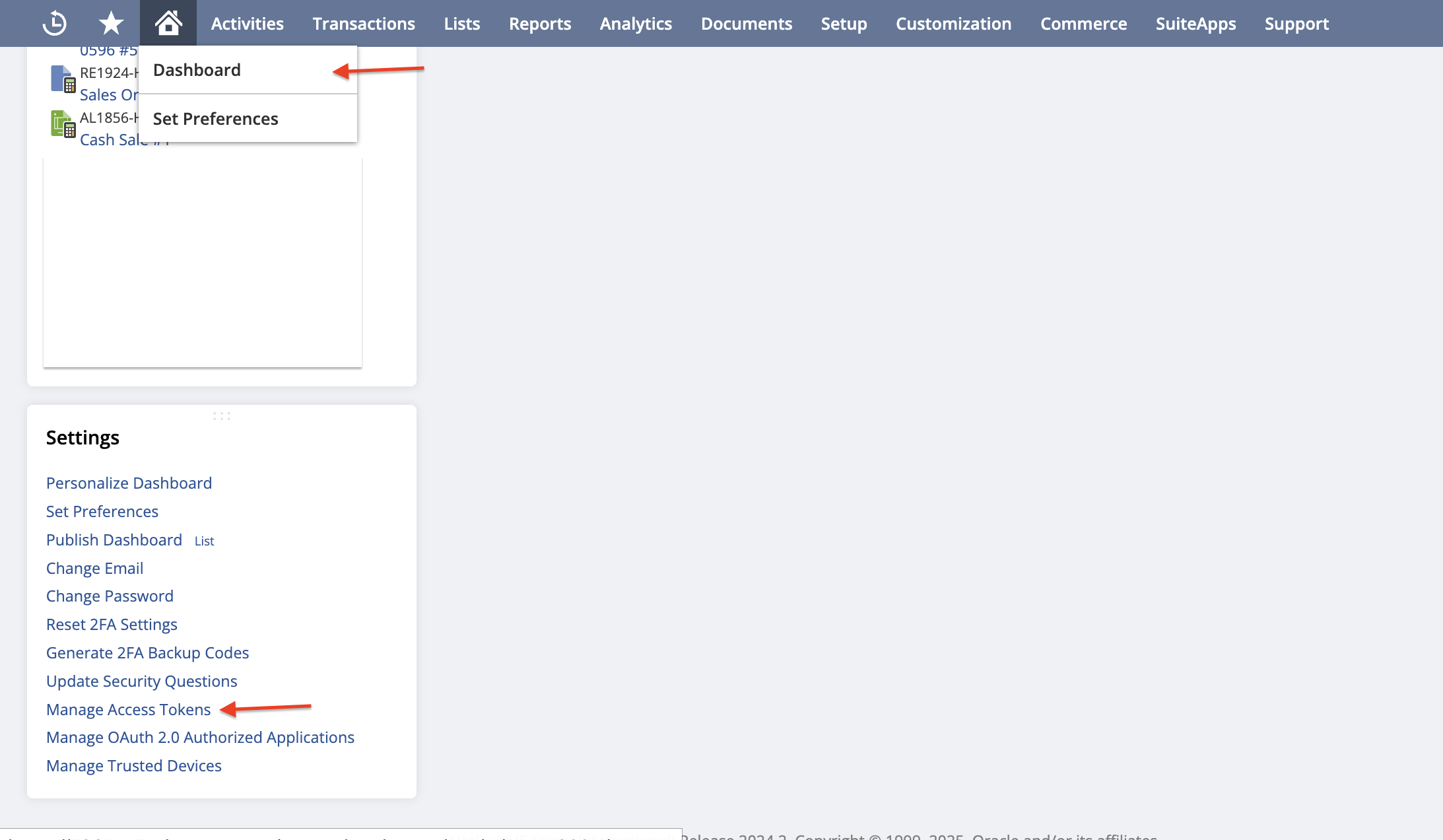 Screenshot of NetSuite Dashboard. Red arrows point to Manage Access Token.