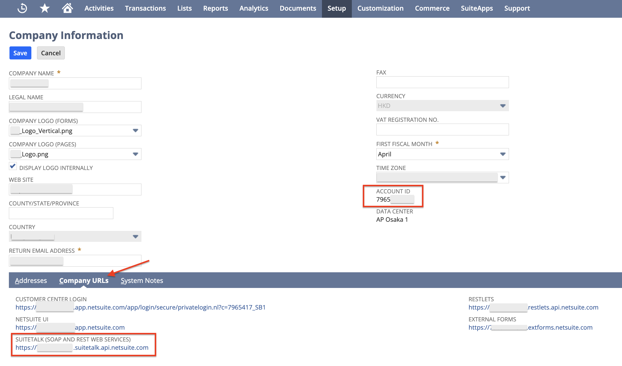 Screenshot of NetSuite Company Information page. It shows important information like Account ID and SuiteTalk URL to be keep for Wiresk connection.