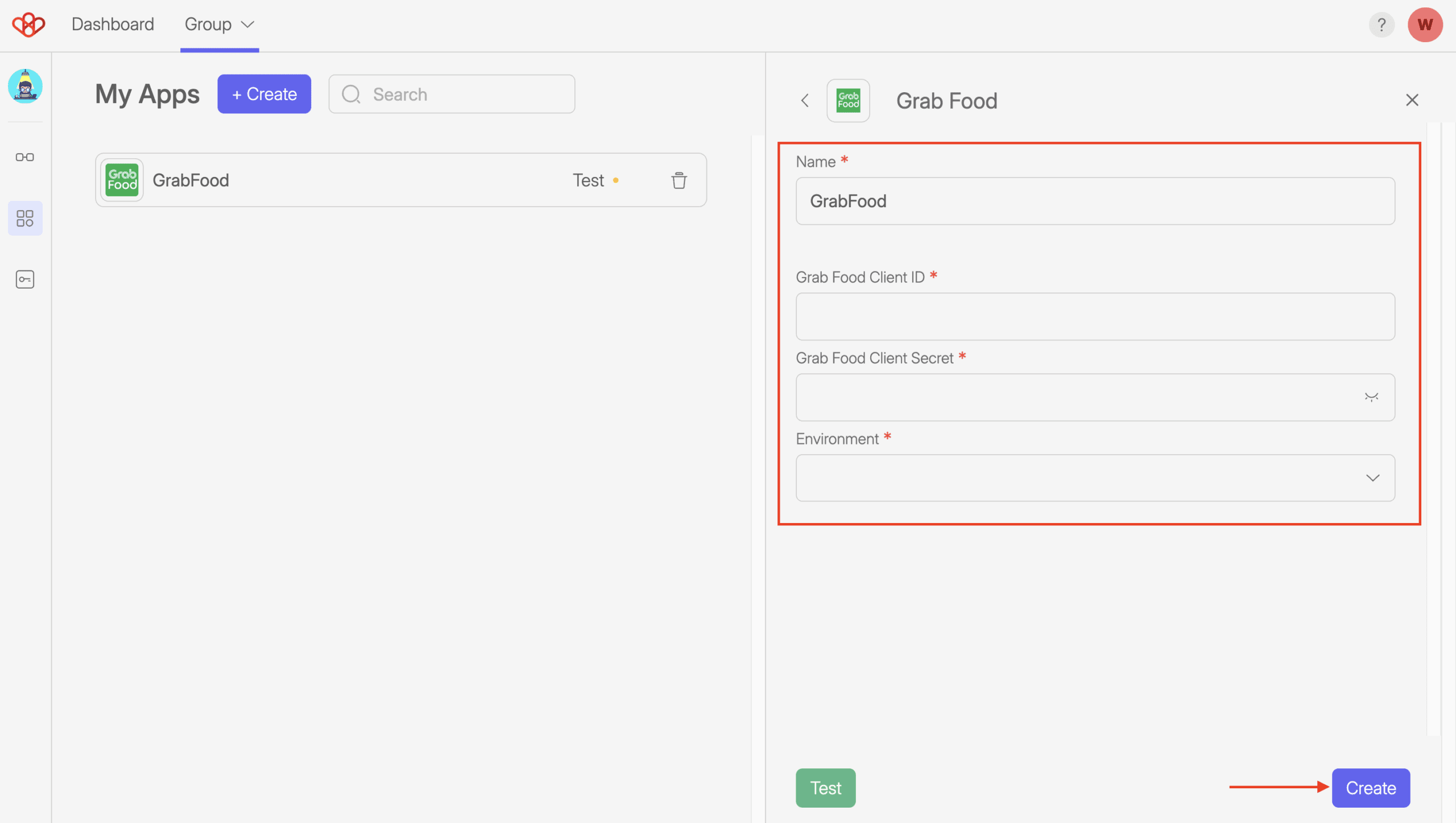 GrabFood Connection and Settings 4 Screenshot of Wiresk "Add apps" screen. It shows the setting to add GrabFood app in Wiresk. Red arrows shows fields like GrabFood client Id, GrabFood client secret and environment.