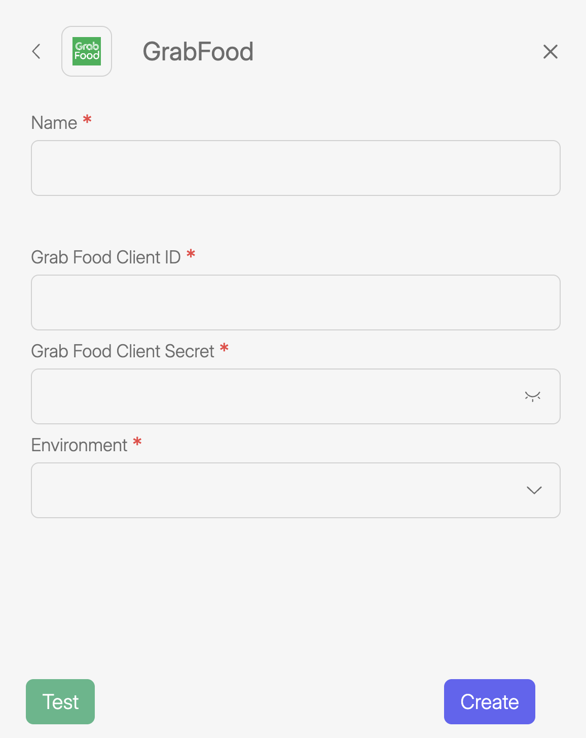 Screenshot of Wiresk "Add apps" screen. It shows the setting to add GrabFood app in Wiresk. Red arrows shows fields like GrabFood client Id, GrabFood client secret and environment.