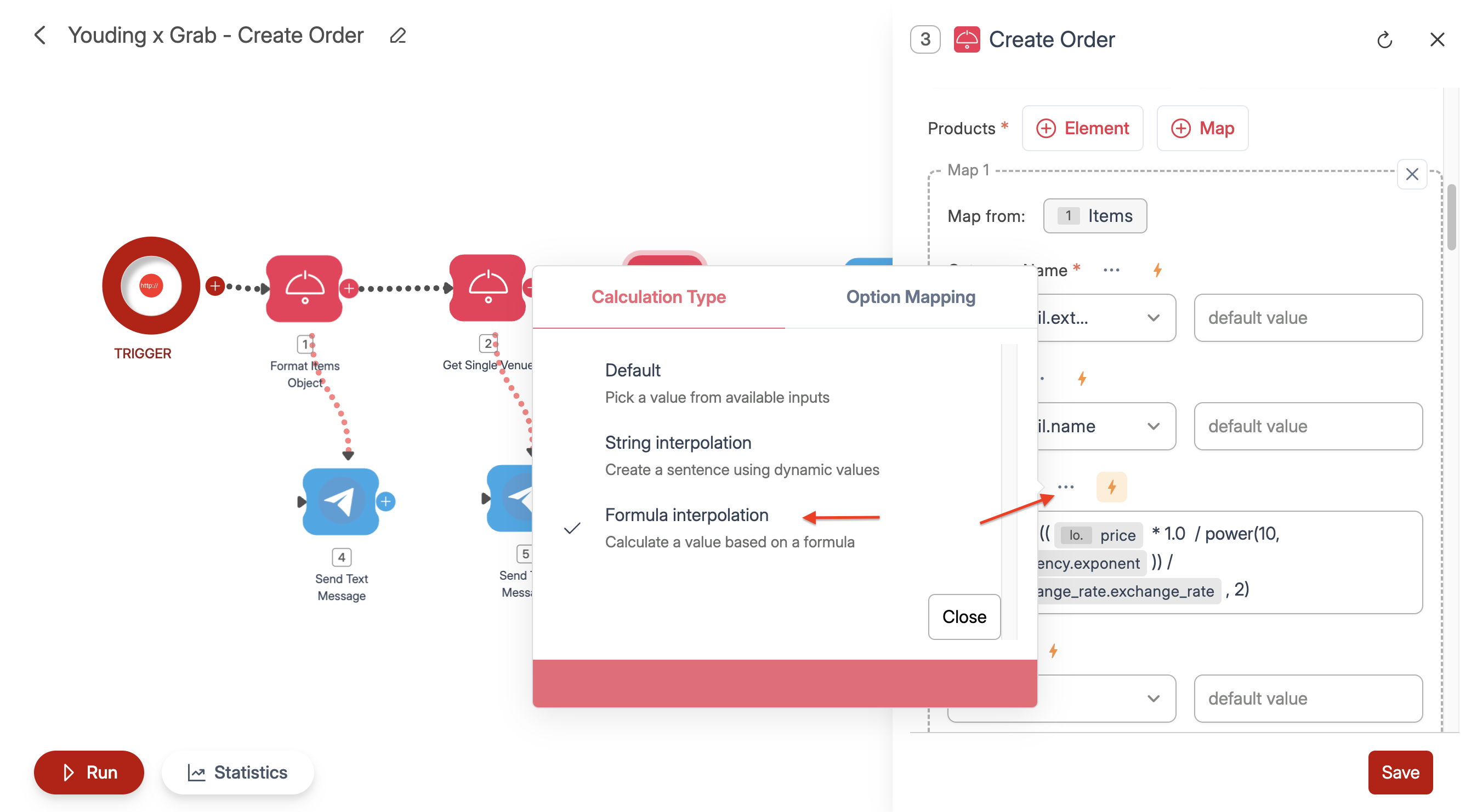 Screenshot of Wiresk Flow Builder, showing a Youding X Grab - create order Flow. Red arrows point to three dot menu and to the selection of the Formula interpolation option.