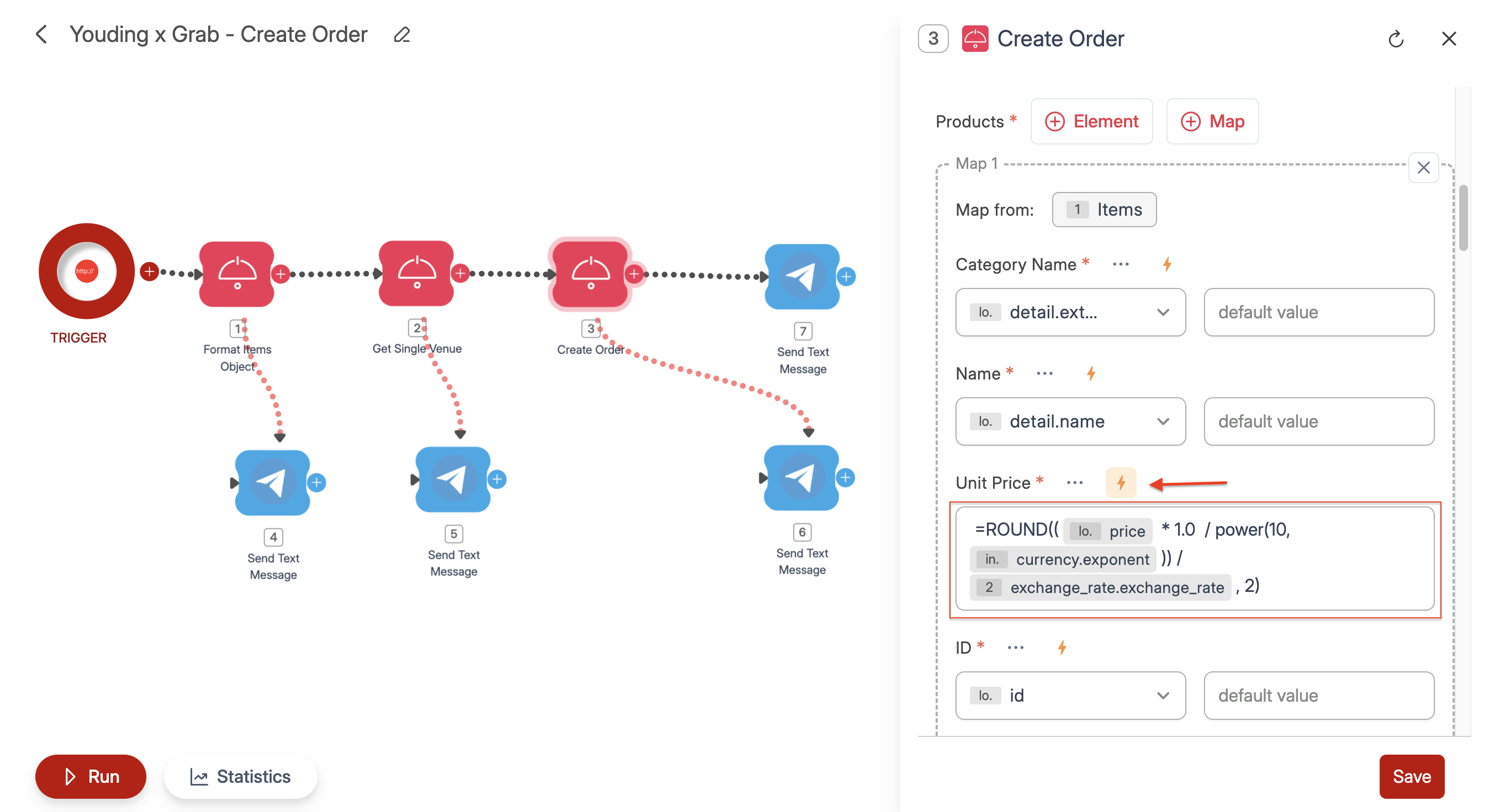 Screenshot of Wiresk Flow Builder, showing a Youding X Grab - create order Flow. Red arrows point to lightning bold icon for functions manual input field. Its show an example of the use case of ROUND function.