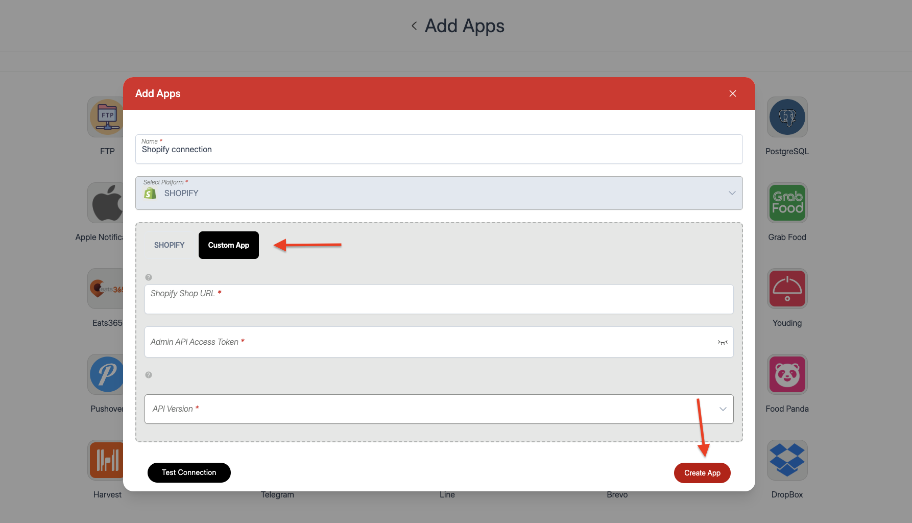 Screenshot of Wiresk Add apps screen. It Shows the setting of the custom app connection in Shopify. Red arrows point tom explained fields.