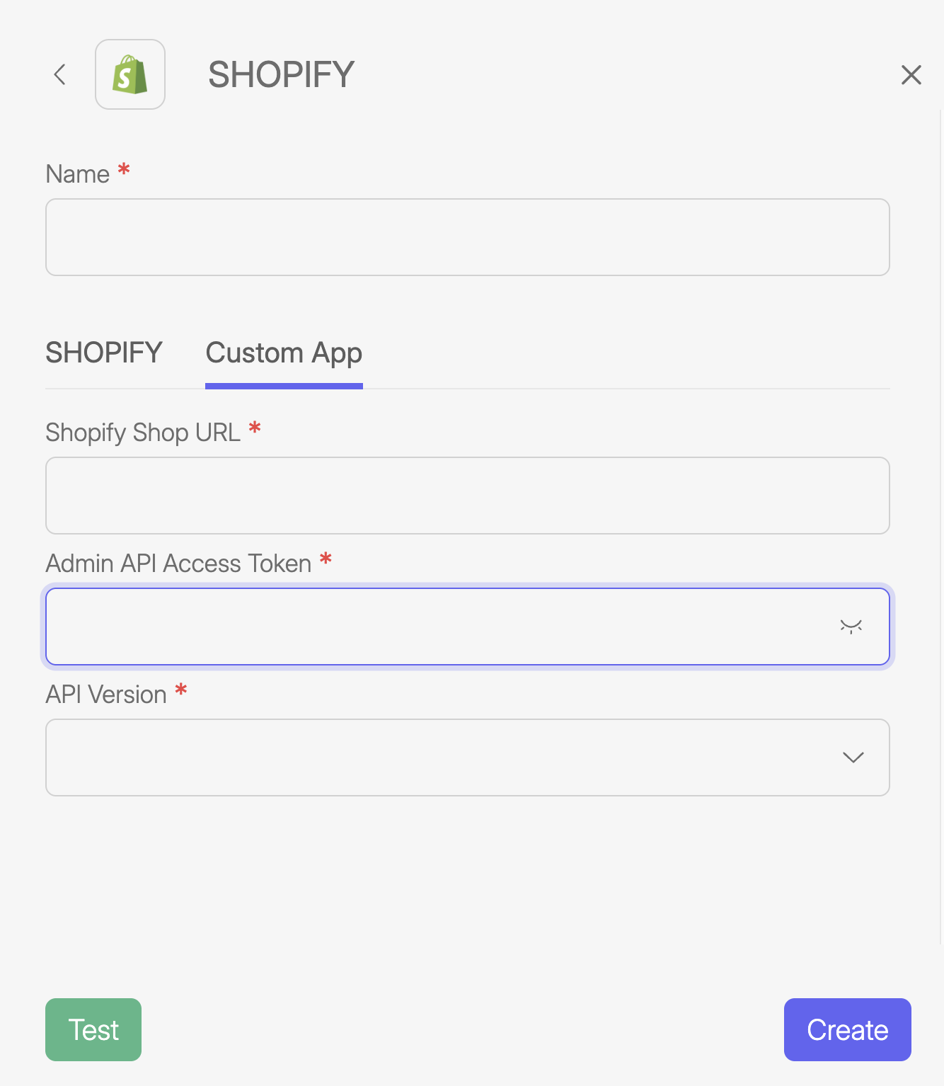 Shopify Connection and Settings 4 Screenshot of Wiresk Add apps screen. It Shows the settings of the custom app connection in Shopify.