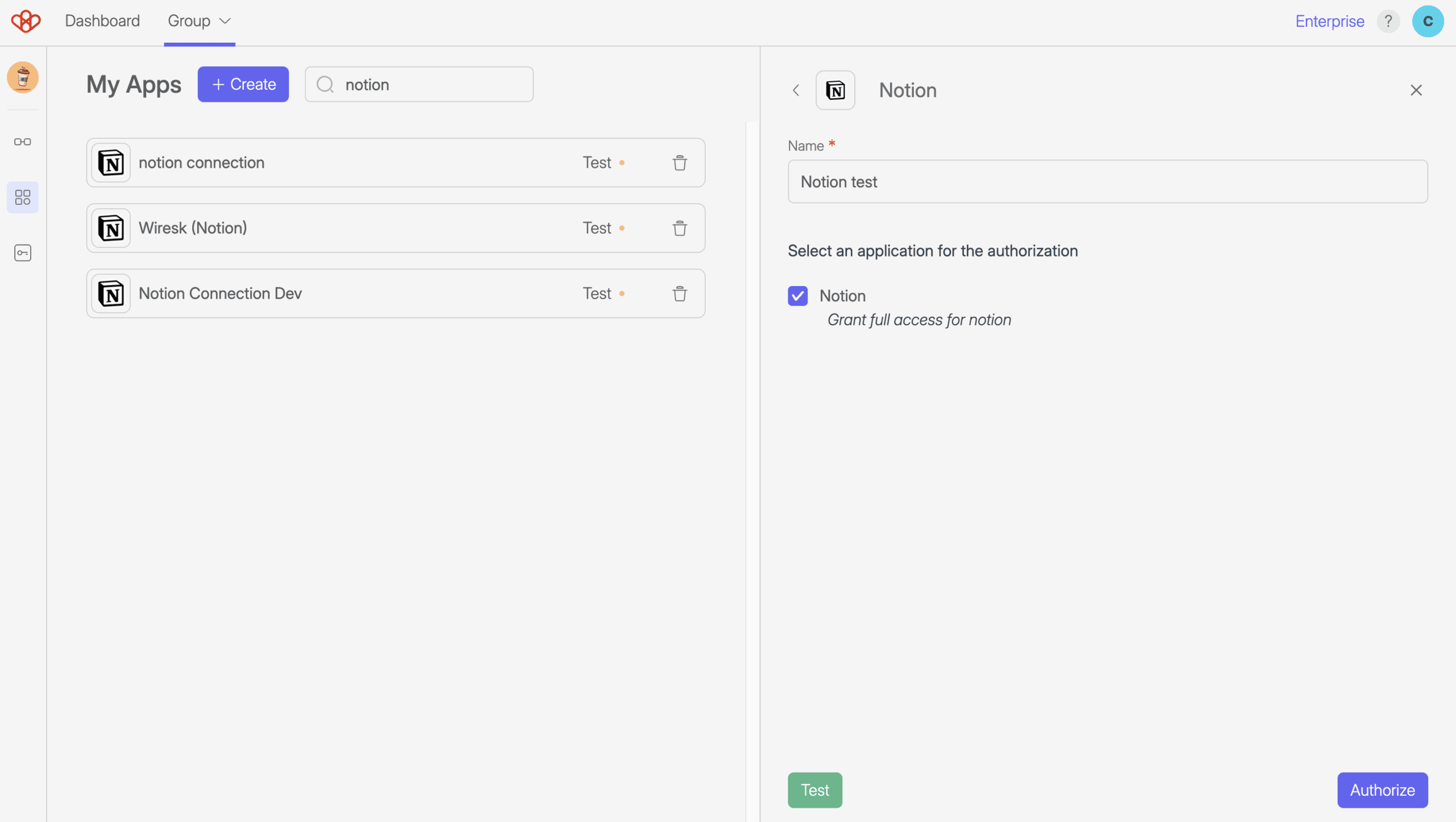 Screenshot of Wiresk "Add Apps" screen. It shows the Notion app connection setting. 