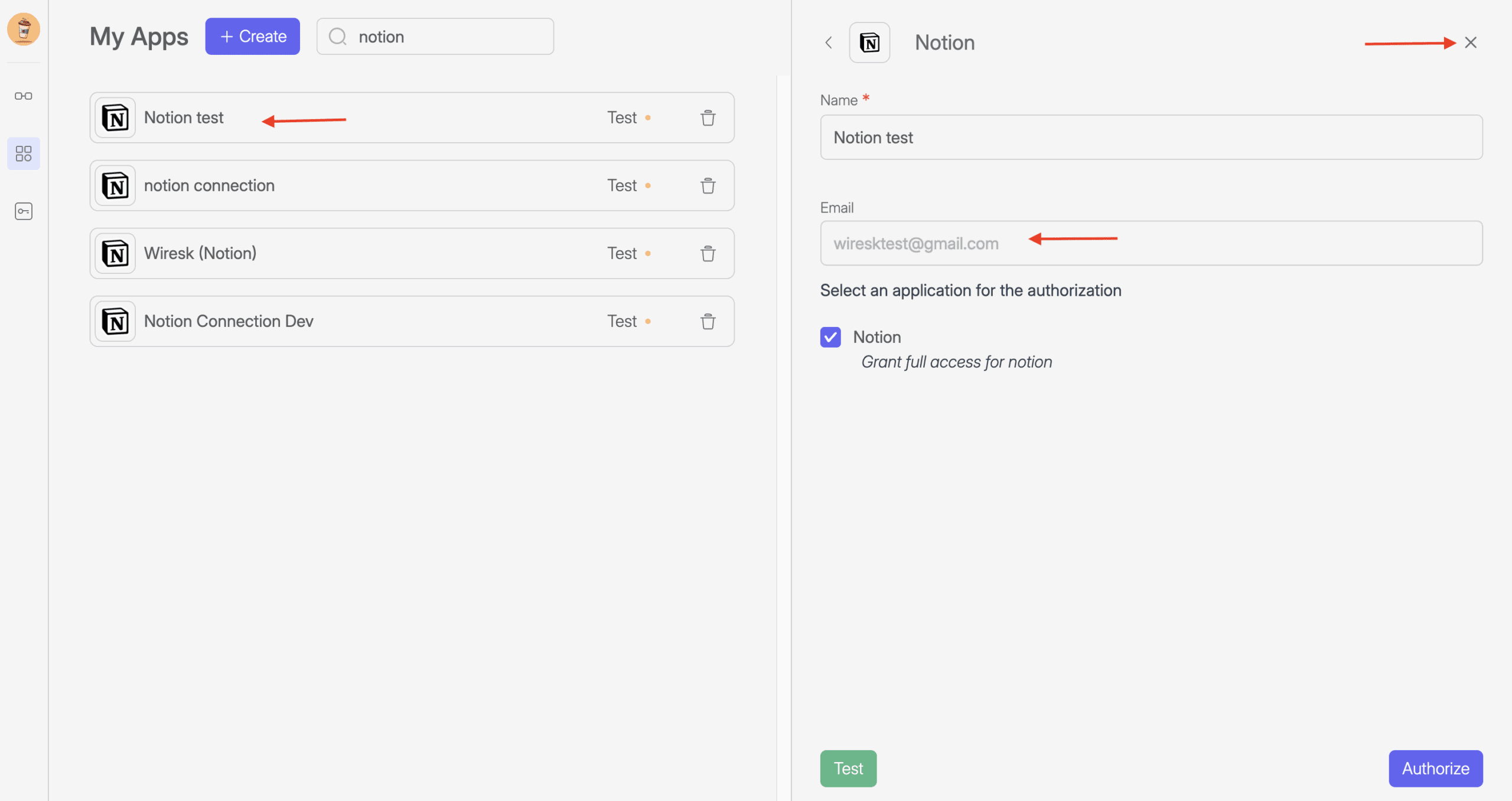 Screenshot of Wiresk my apps section. This screen is a recap of Notion connection settings by showing the user email used in Notion.
