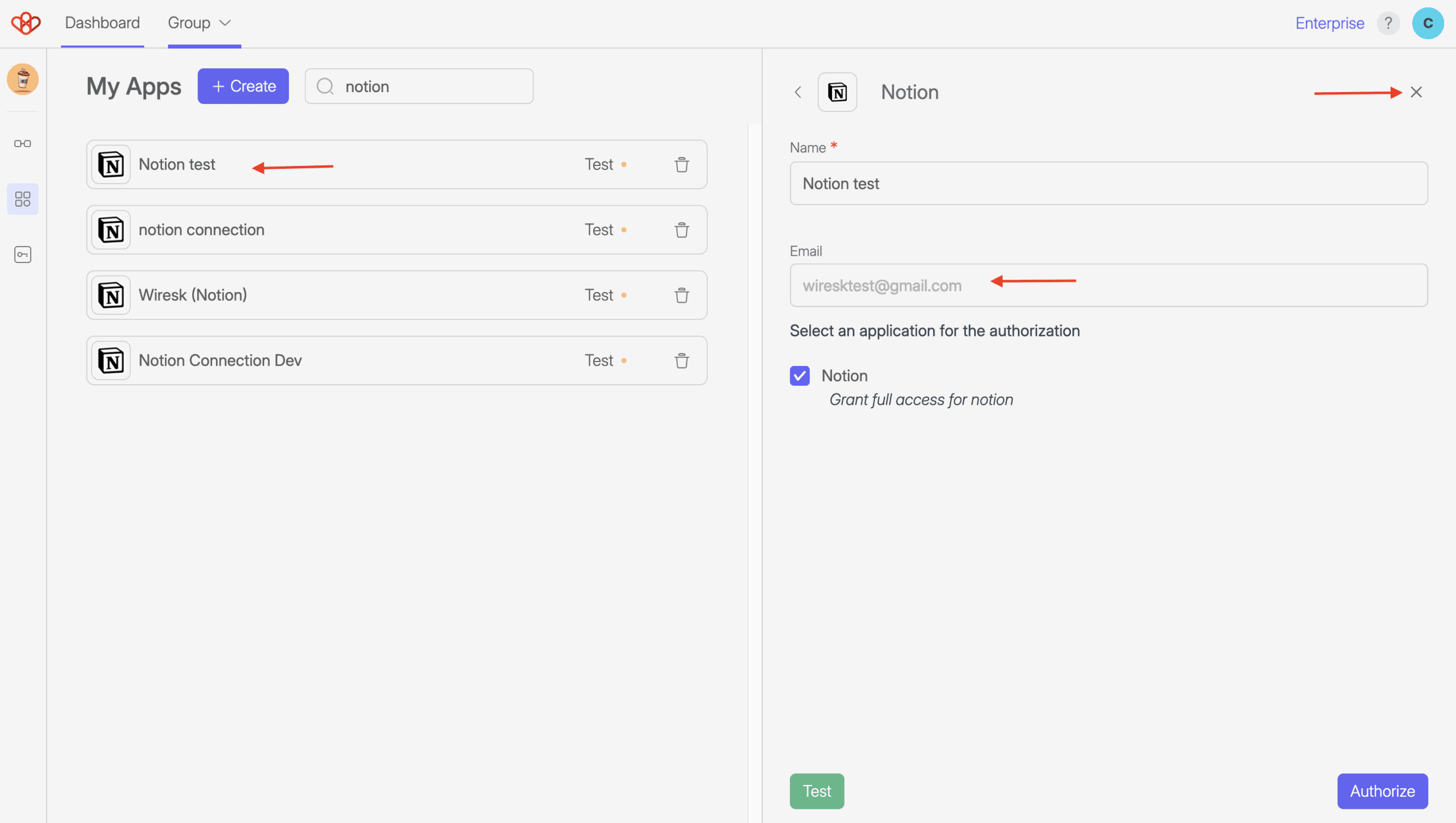 Screenshot of Wiresk my apps section. This screen is a recap of Notion connection settings by showing the user email used in Notion.