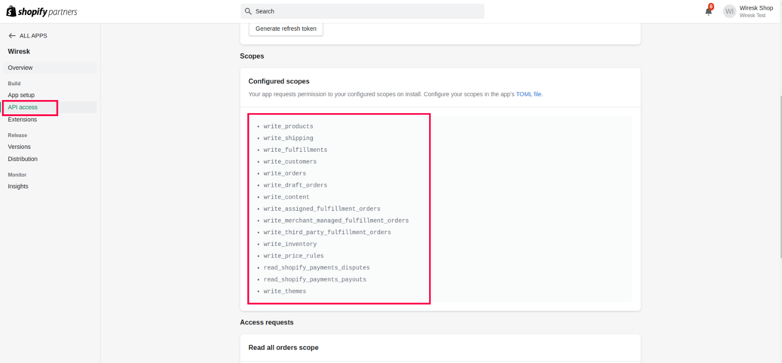 Screenshot of Shopify Partyner screen. It Shows where to set the required Scope for Wiresk App.
