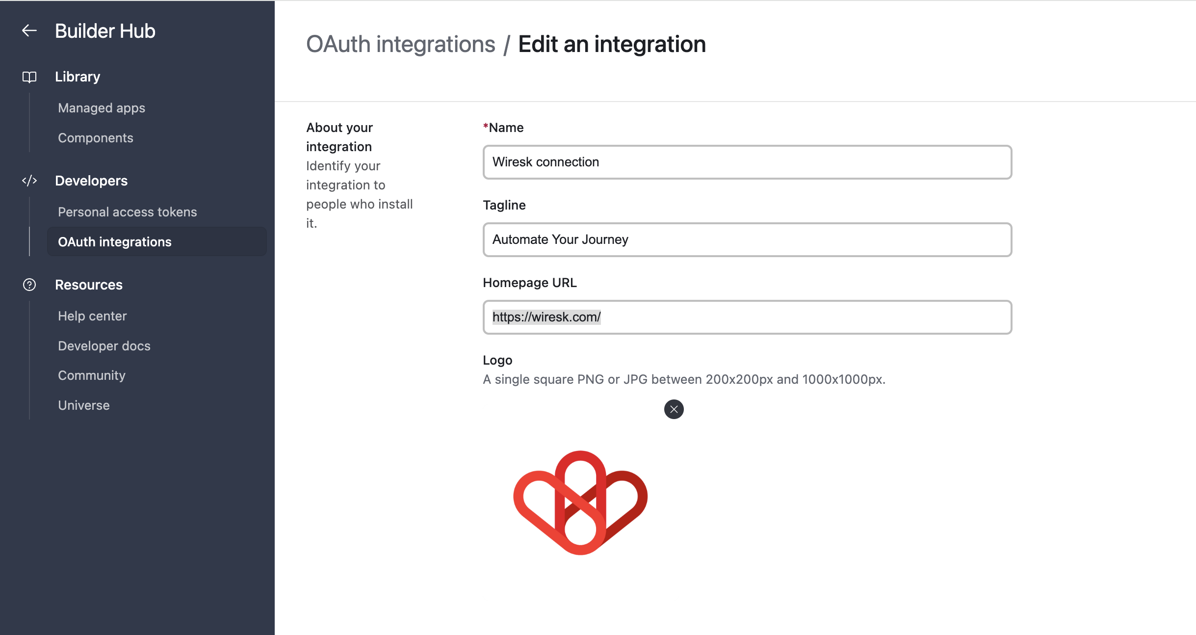 Airtable - Connection 14 Screenshot of Airtable Oauth integrations page setting. Create a new integration, give a name, a tag line, a homepage URL.