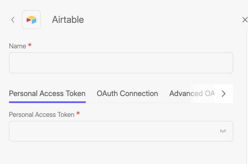 Screenshot of Wiresk my apps section. It shows the configuration screen of Airtable app. the Personal access token tab is selected.