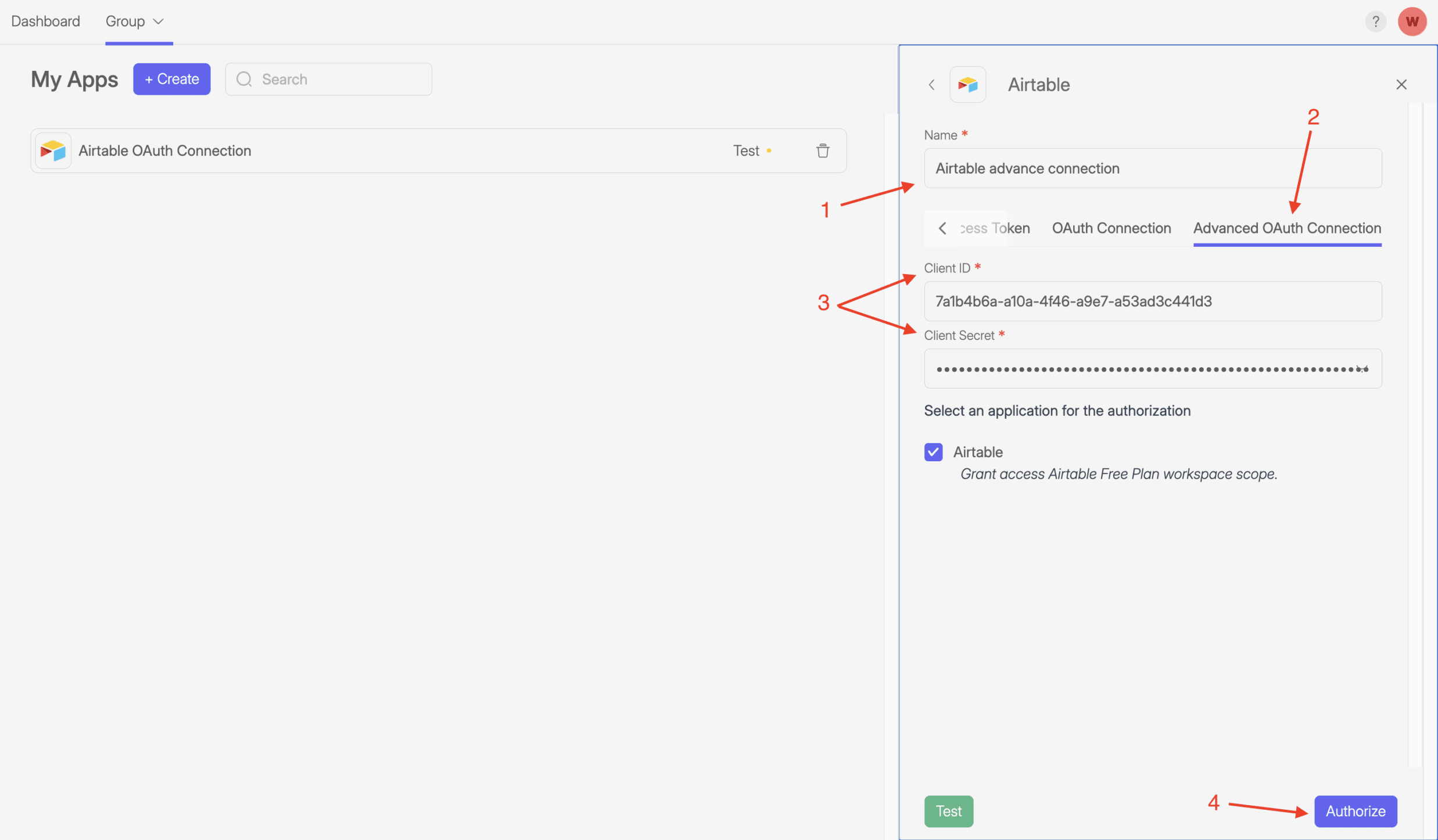 Screenshot of Wiresk my apps section. It shows the configuration screen of Airtable app. Red arrows show the setting steps for the Advanced connection.