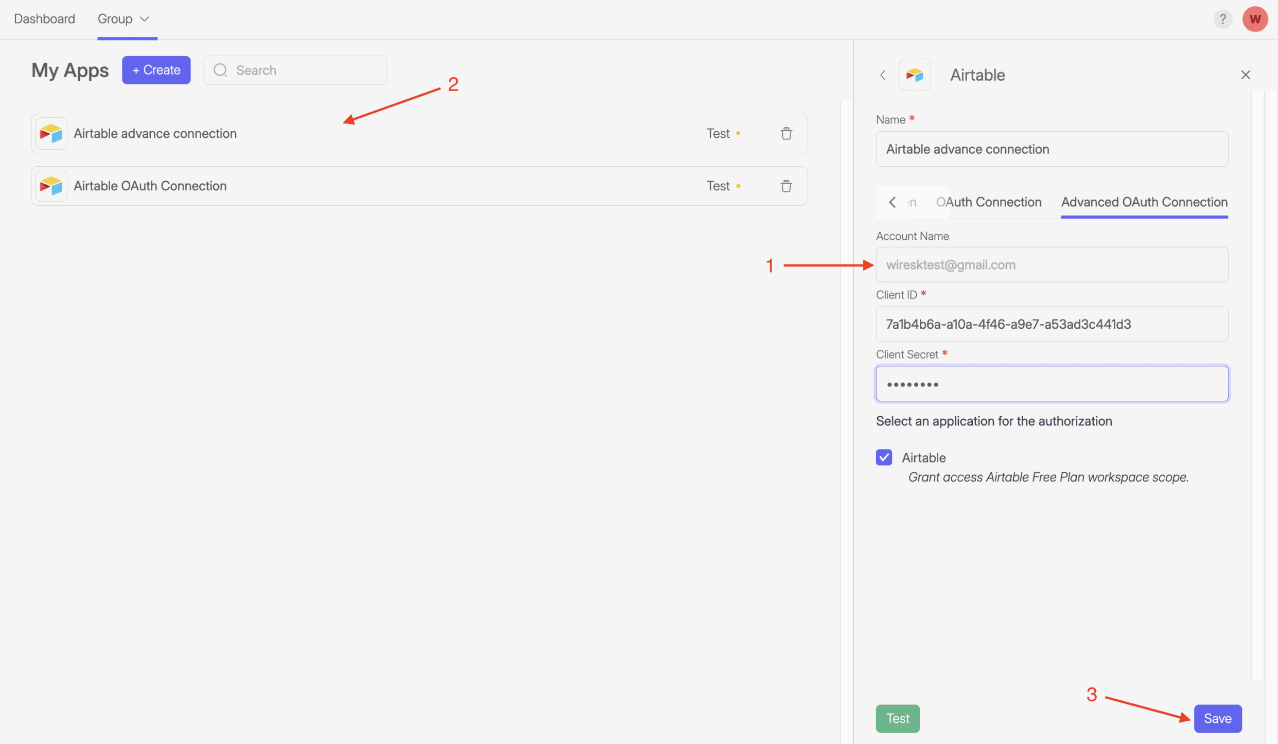Screenshot of Wiresk my apps section. It shows the configuration screen of Airtable app. Red arrows show the email linked to the Airtable account, the new connection listed in "My apps" list, and the save button.