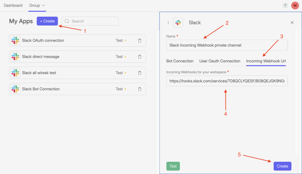 This is a screenshot of the Wiresk "my apps" page. It shows the settings panel for the Slack Incoming Webhook URL connection screen. Numbered red arrows illustrate the connection creation process. 1, select the + create button. 2, name the connection. 3, Select the incoming Webhook URL Connection settings tab. 4, provide the incoming Webhook URL . 5, select the create button.