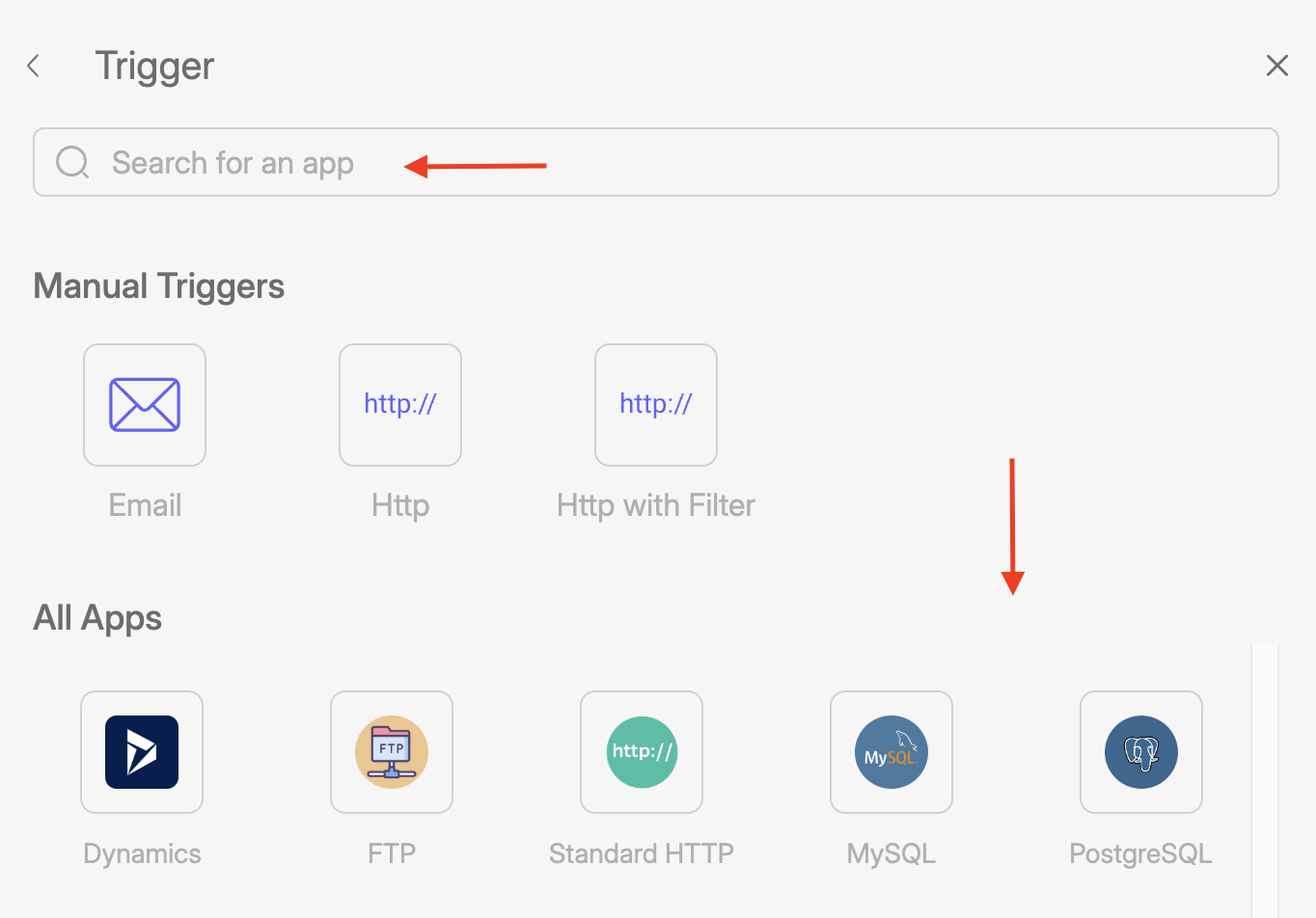 Slack - Connection 24 Screenshot of Wiresk Trigger setting screen. Red arrows shows that you can wether search your app in the search or or select it in the list below.