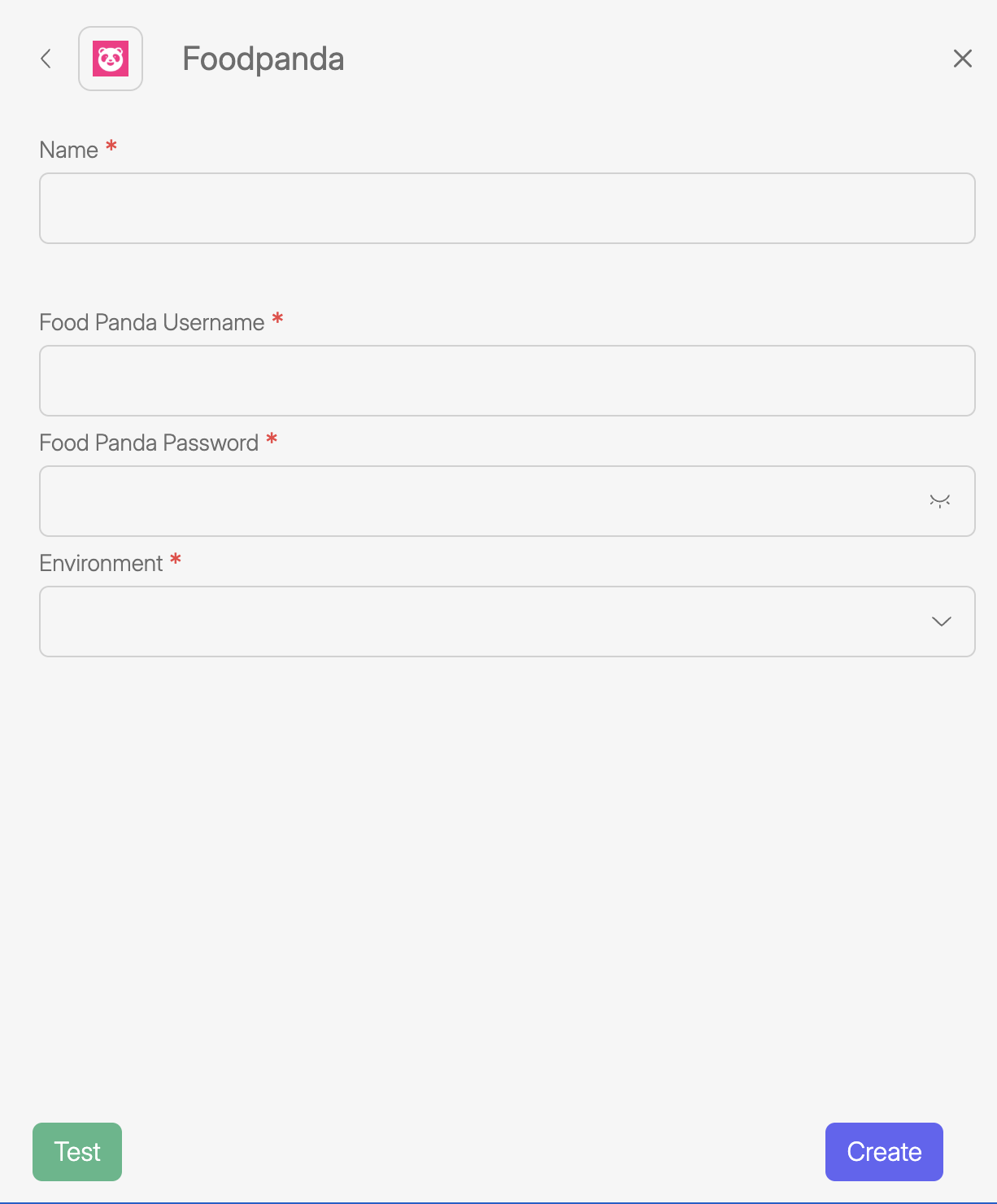 Screenshot of Wiresk Add apps screen setting of Foodpanda. Red arrows shows explained fields. On this screen settings, you need to name the connection, enter your Foodpanda credentials then select the Create app button.