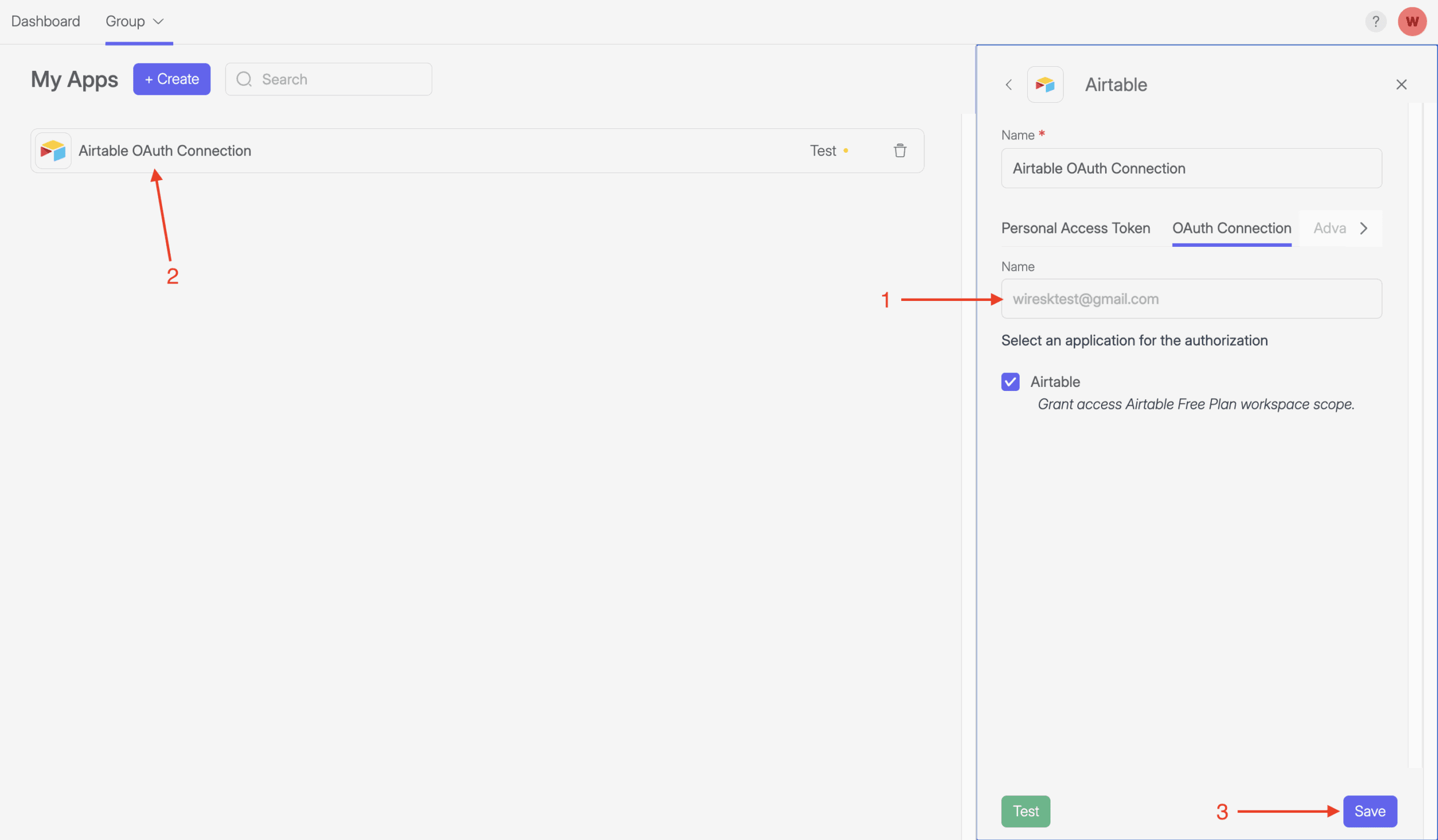 Screenshot of Wiresk my apps section. It shows the configuration screen of Airtable app. Red arrows show the email linked to the Airtable account, the Airtable connection listed in the Wiresk My apps section and the button "save" to be selected.