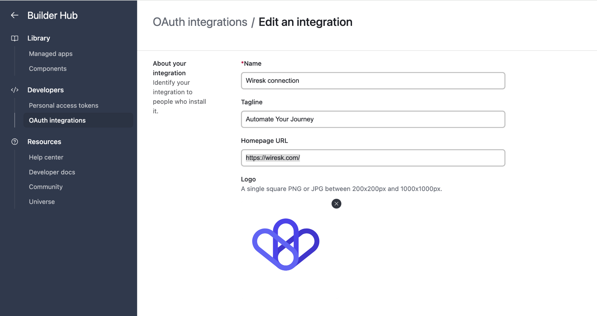 Screenshot of Airtable Oauth integrations page setting. Create a new integration, give a name, a tag line, a homepage URL.