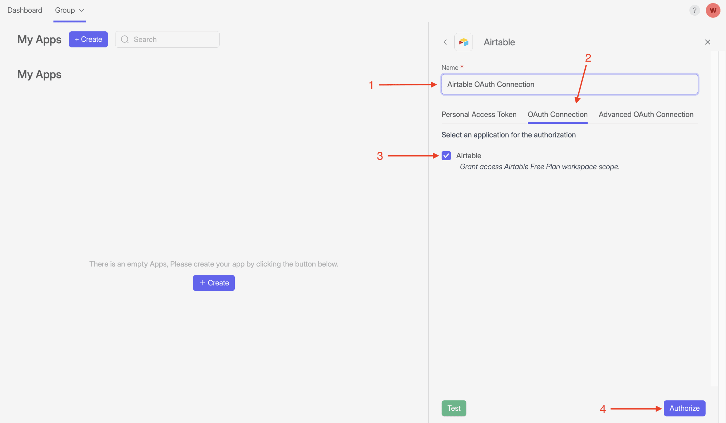 Screenshot of Wiresk my apps section. It shows the configuration screen of Airtable app. Red arrows show the process steps to create a OAuth Connection. Give name to the connection, select the OAuth connection then check the Airtable app for Authorization. finally, select the button Authorize.
