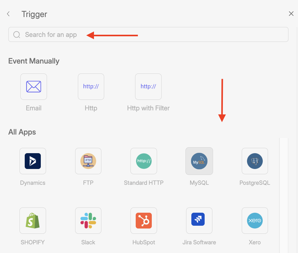 Slack - Create a connection 22 Screenshot of Wiresk Trigger setting screen. Red arrows shows that you can wether search your app in the search or or select it in the list below.